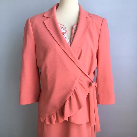 Sharagano Noir Peach Ruffle Wrap Crepe Blazer Suit Jacket 12 V Neck Work - Picture 1 of 11